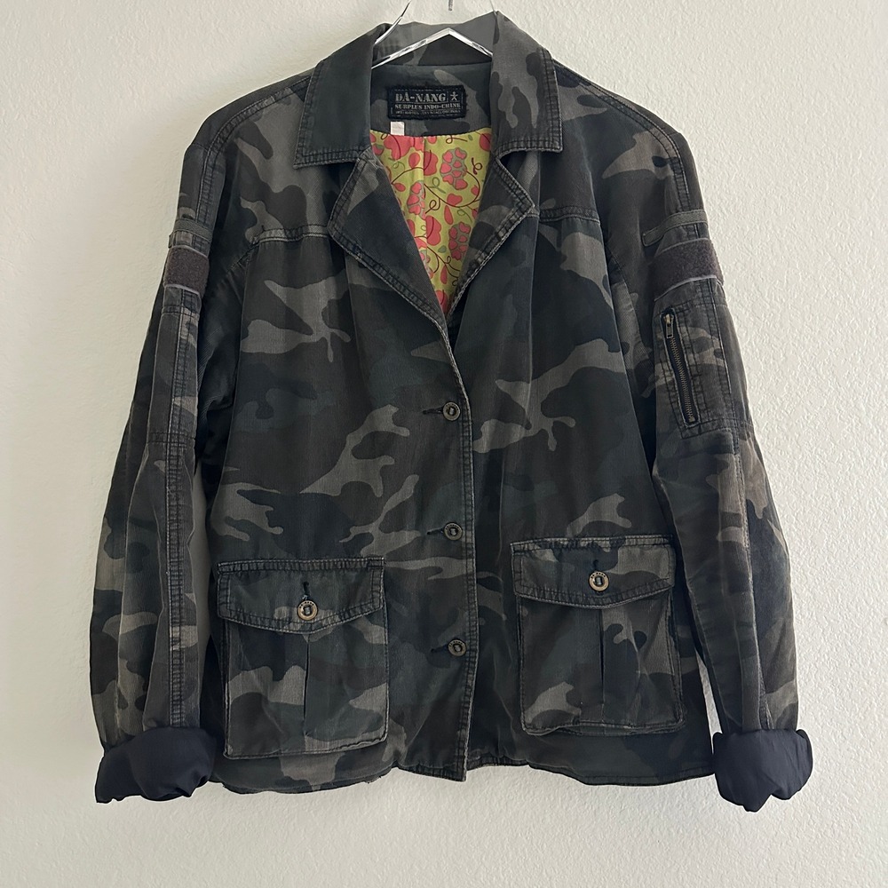 Da-Nang Camo Corduroy Jacket Womens L Military Utility Silk Patchwork Lining Y2K